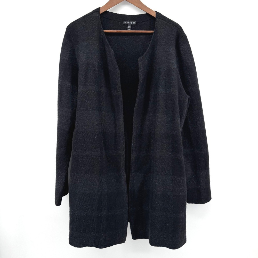 Eileen Fisher Cardigan Womens L Black Plaid Wool Open Front Duster Minimalist